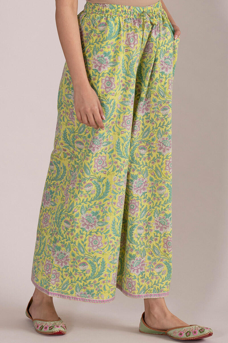Yellow Block Printed Cotton Palazzo