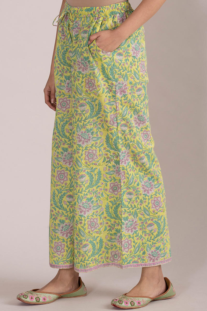 Yellow Block Printed Cotton Palazzo