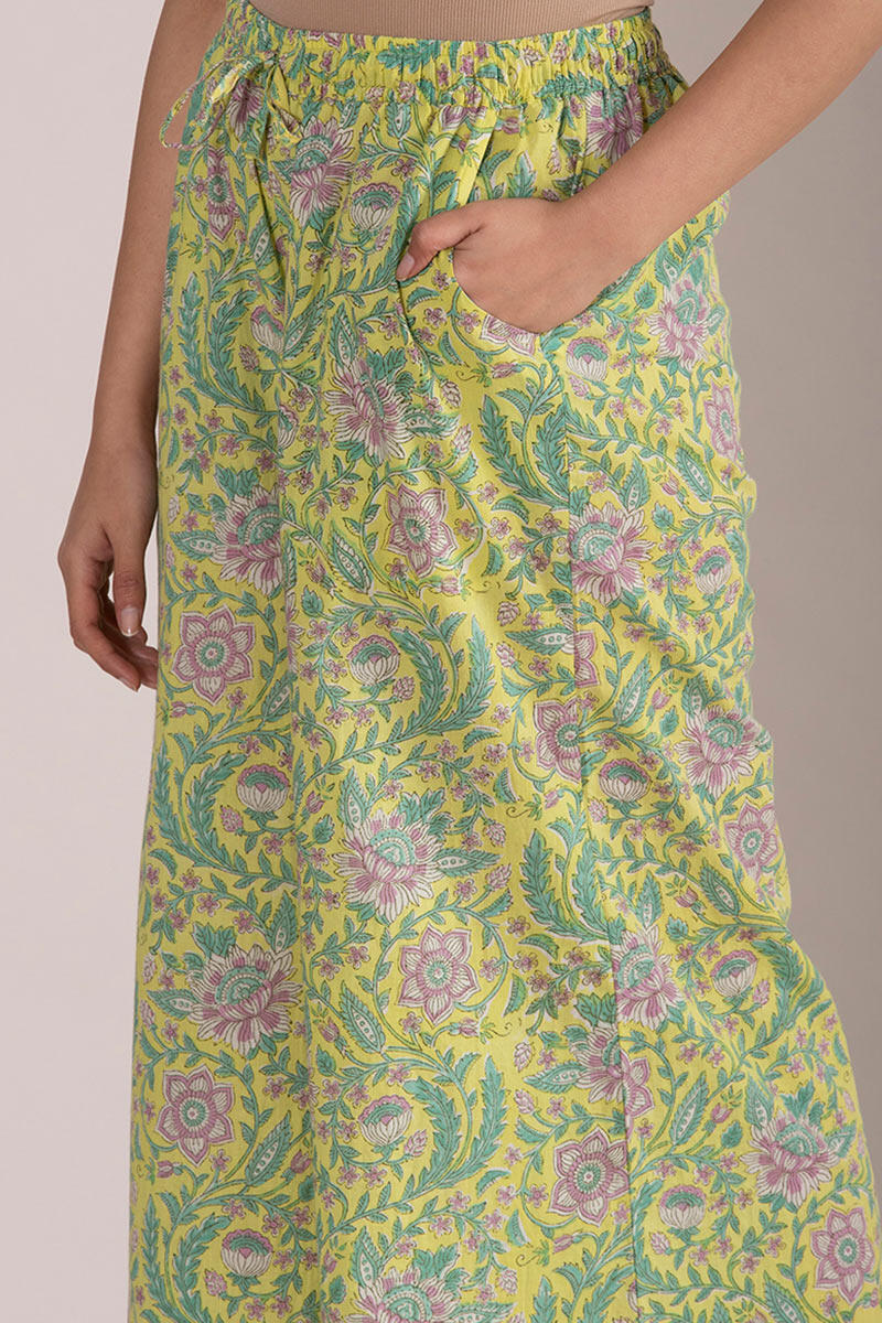 Yellow Block Printed Cotton Palazzo
