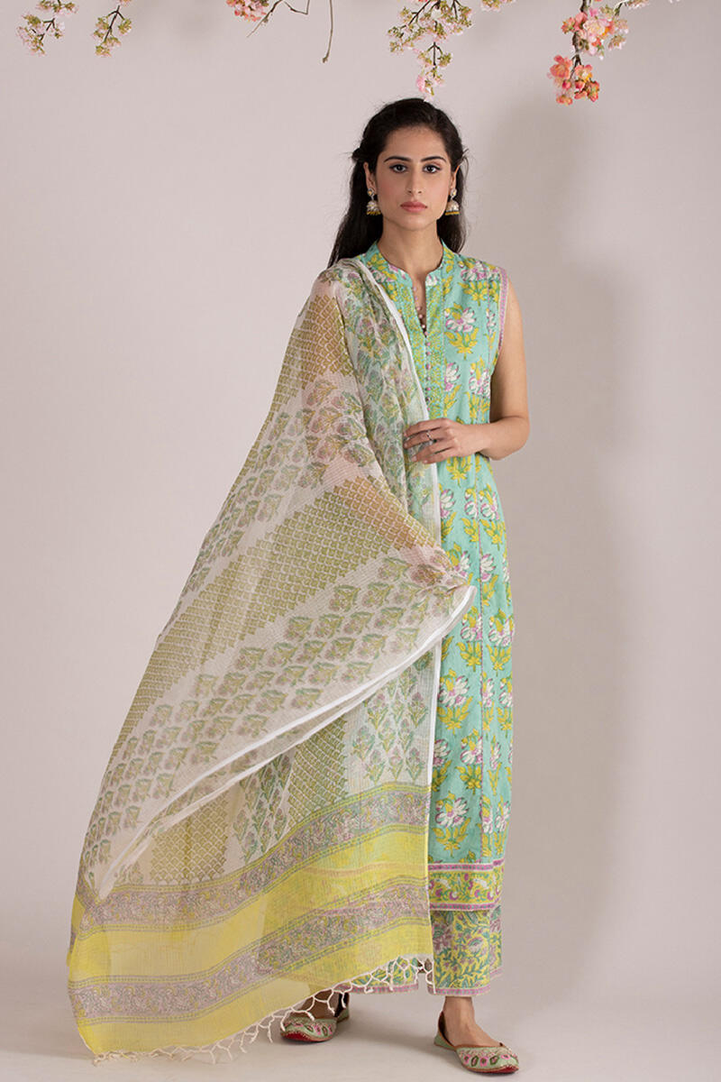 Yellow Block Printed Cotton Palazzo