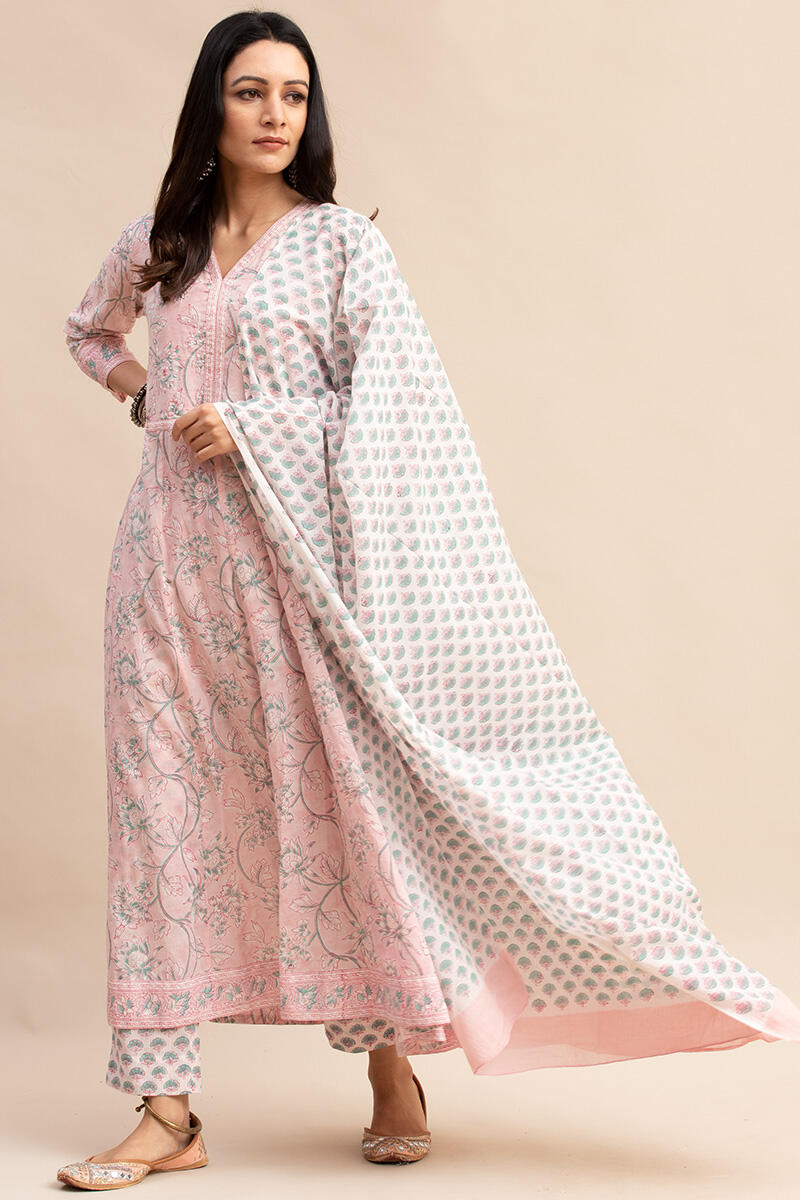 Pink Block Printed Cotton Narrow Pants