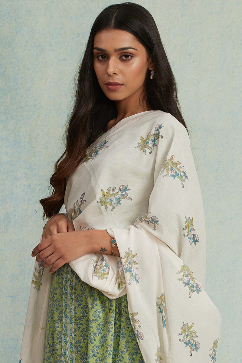 White Block Printed Cotton Dupatta