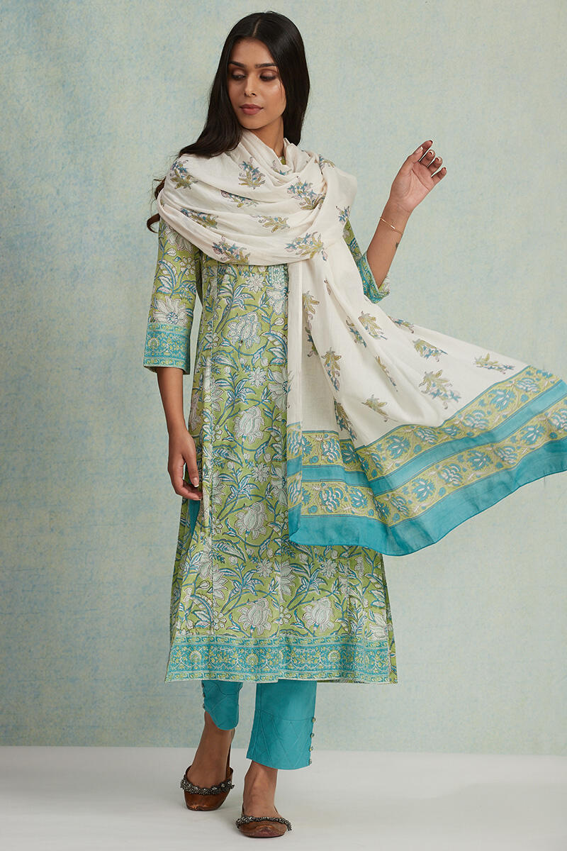 White Block Printed Cotton Dupatta