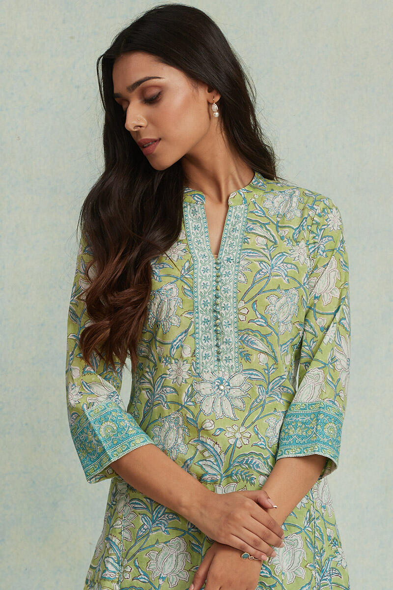 Green Block Printed Straight Cotton Kurta
