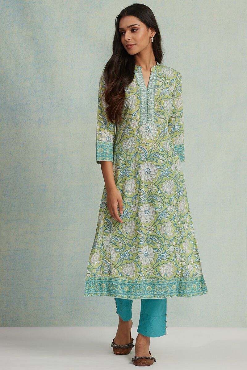 Green Block Printed Straight Cotton Kurta