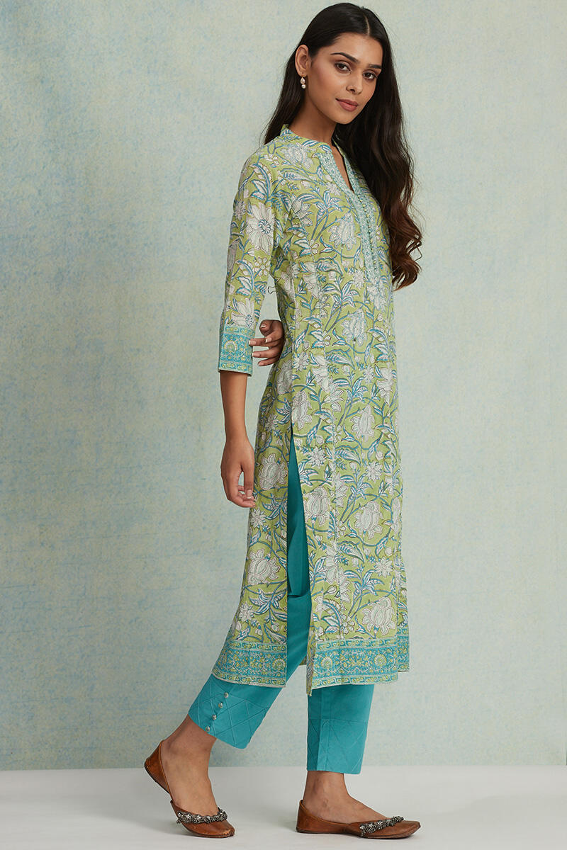 Green Block Printed Straight Cotton Kurta