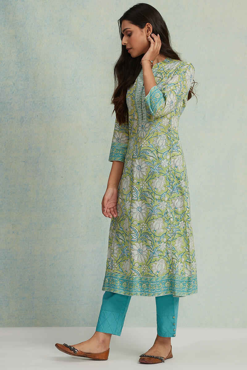 Green Block Printed Straight Cotton Kurta
