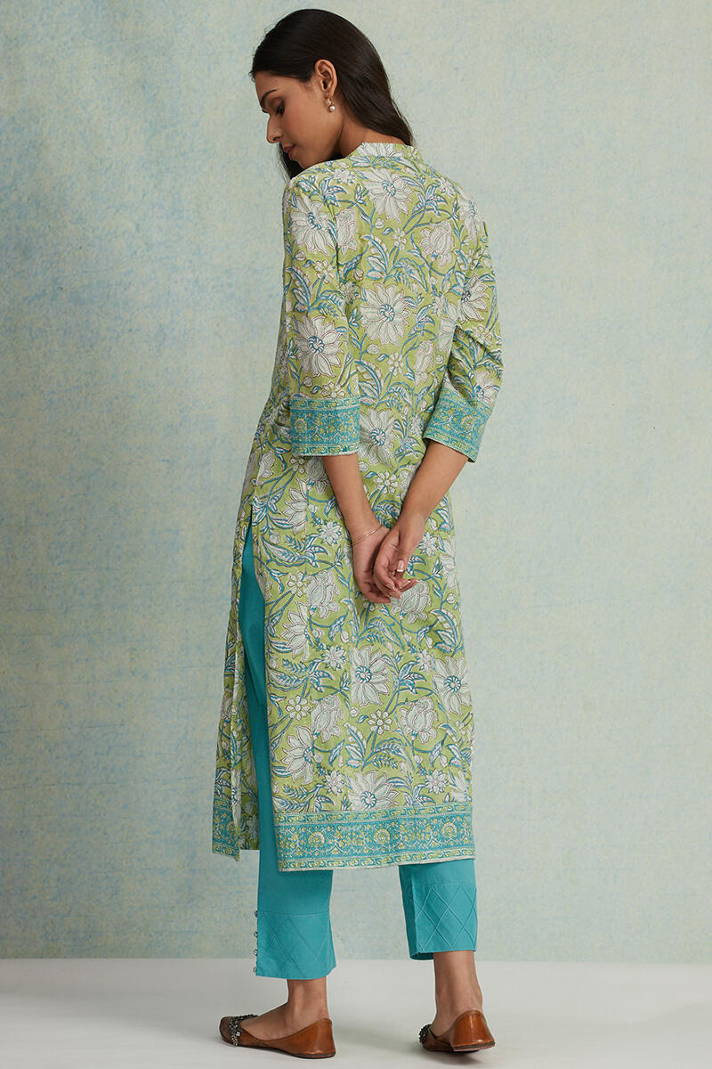 Green Block Printed Straight Cotton Kurta