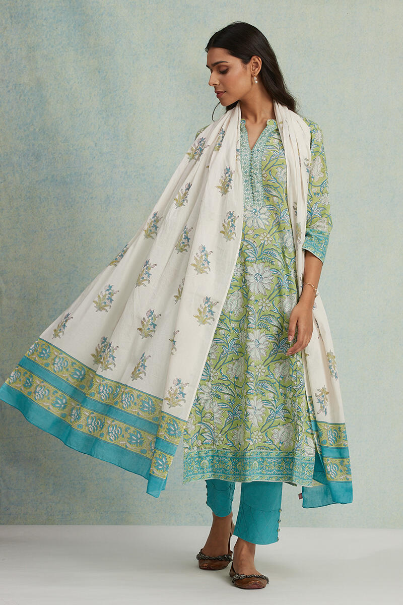 Green Block Printed Straight Cotton Kurta