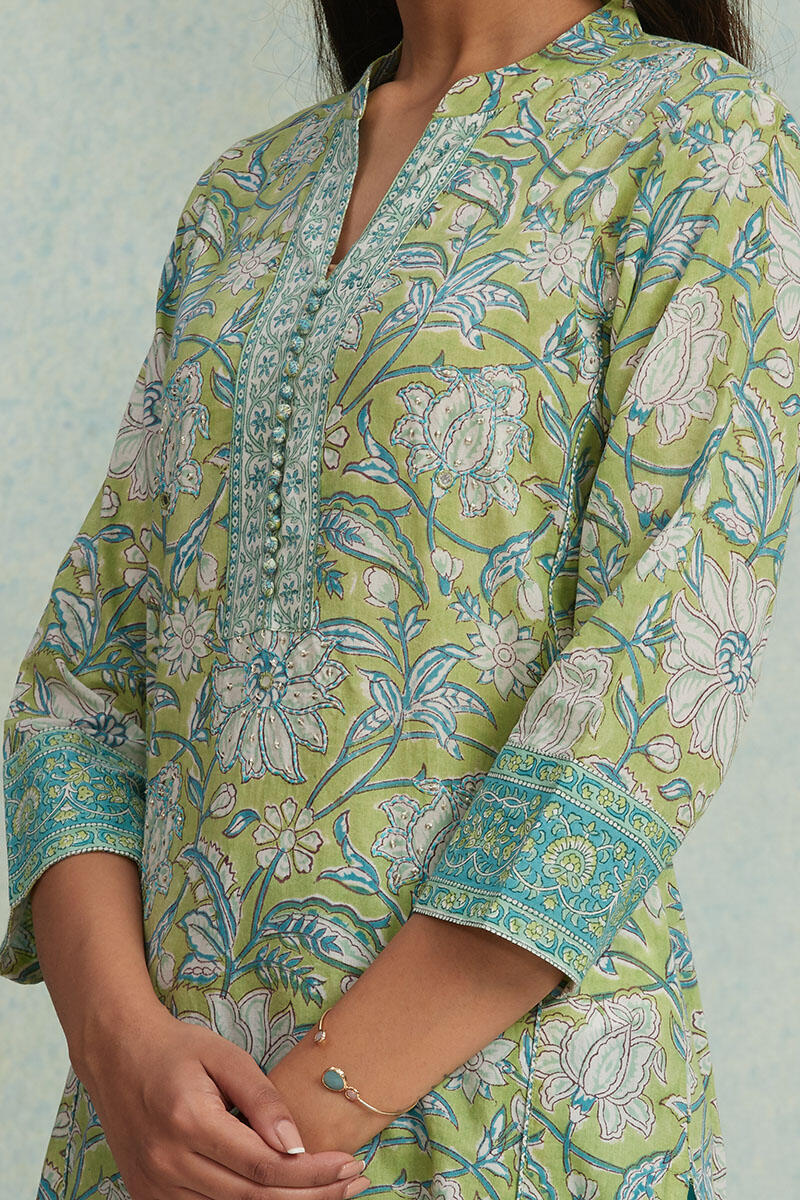 Green Block Printed Straight Cotton Kurta
