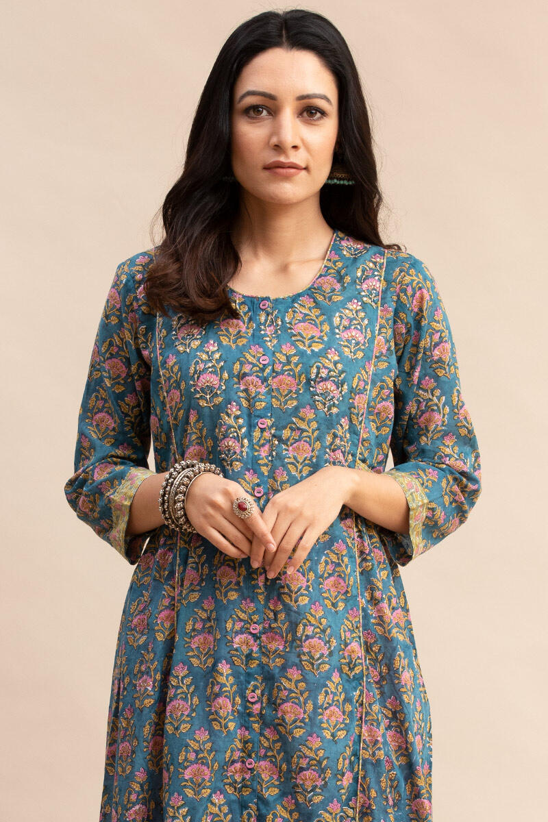 Blue Block Printed A-line Cotton Kurta