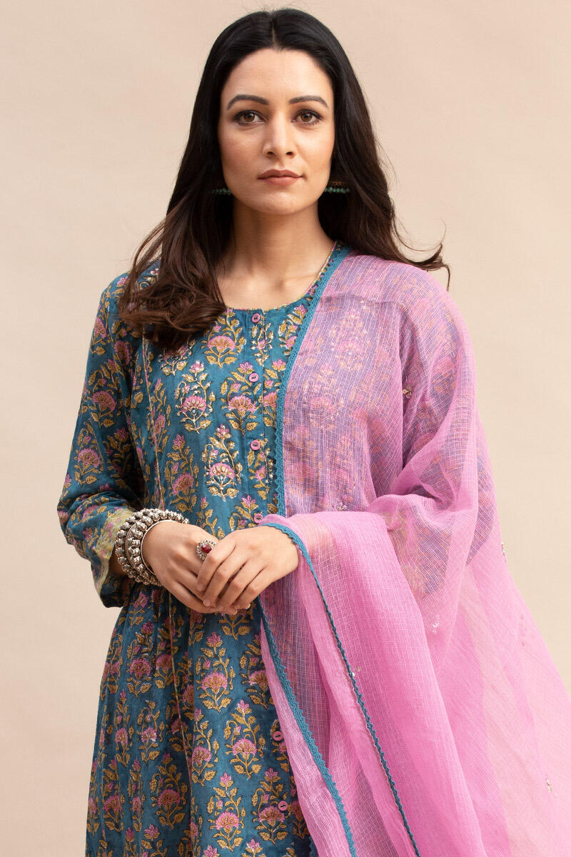 Blue Block Printed A-line Cotton Kurta