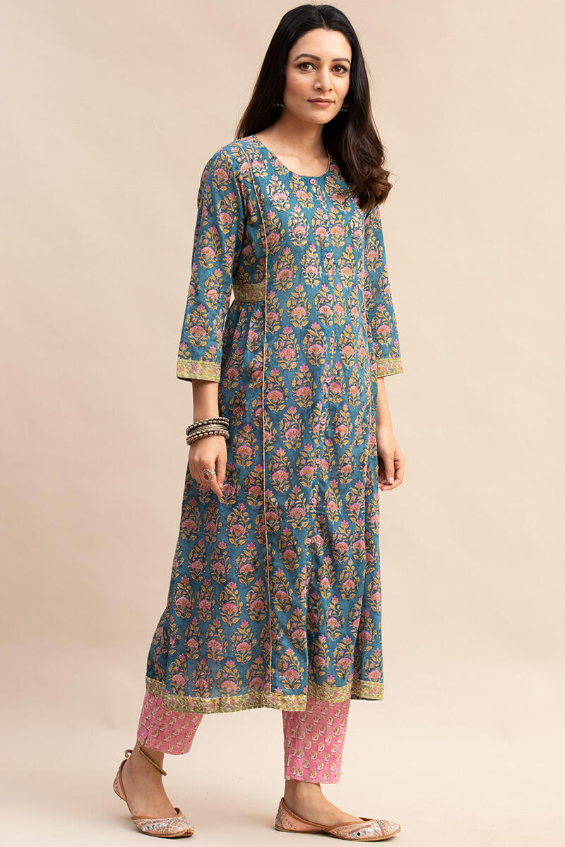 Blue Block Printed A-line Cotton Kurta