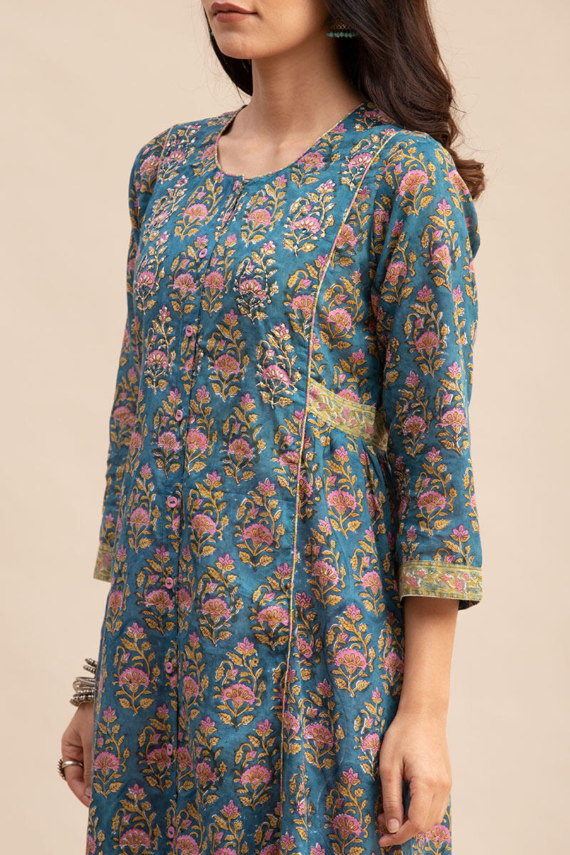 Blue Block Printed A-line Cotton Kurta
