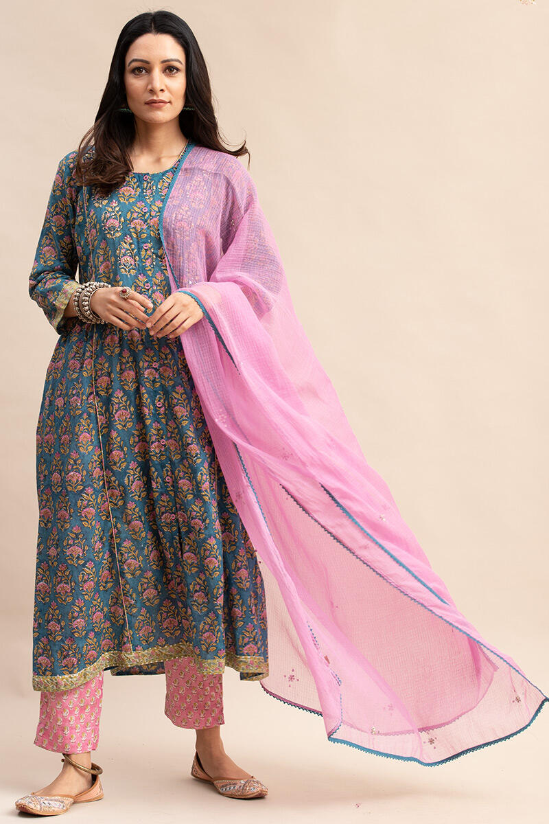 Blue Block Printed A-line Cotton Kurta