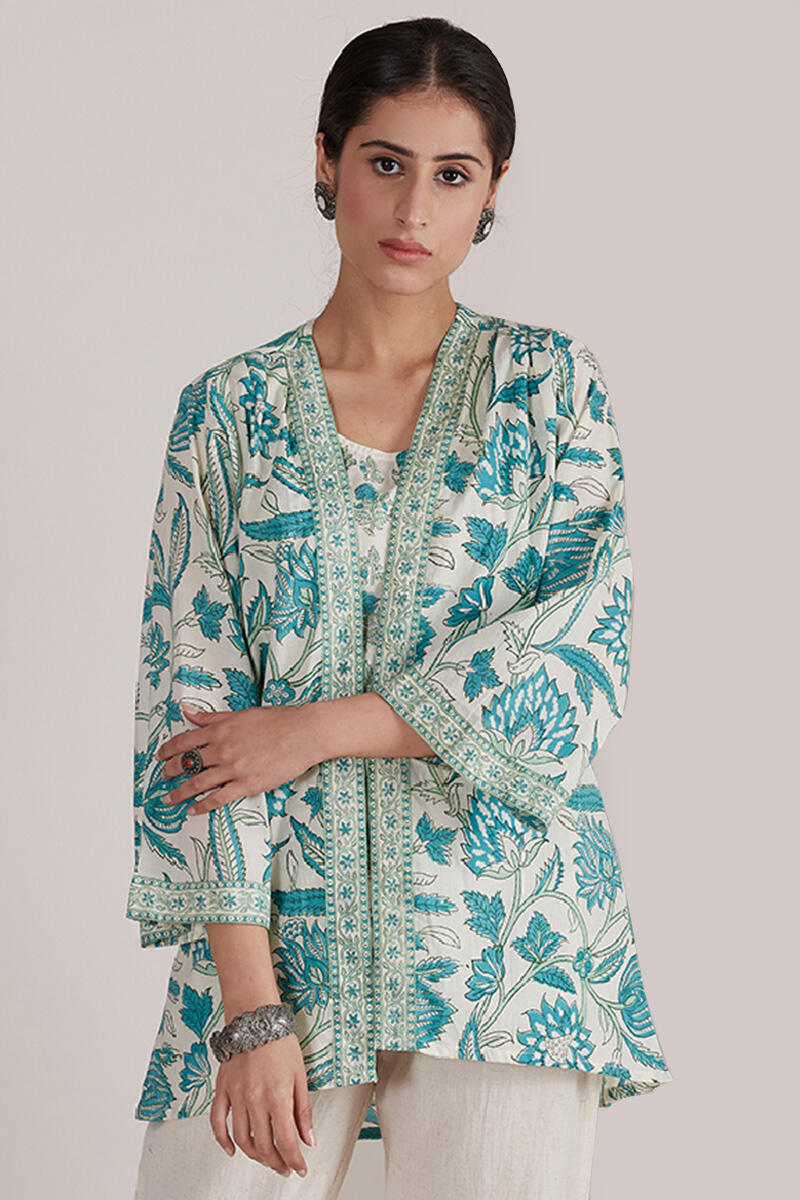 Turquoise Block-Printed Cotton Kimono