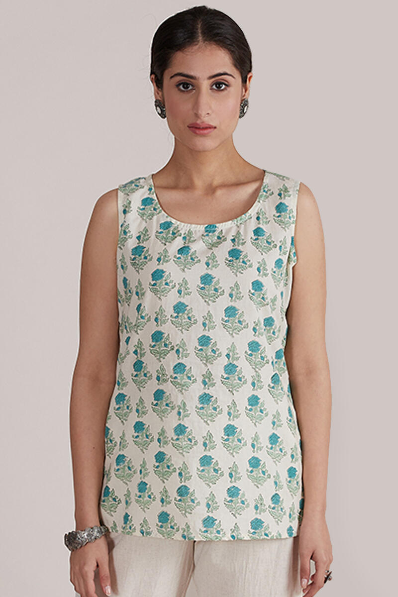 Turquoise Block-Printed Cotton Kimono