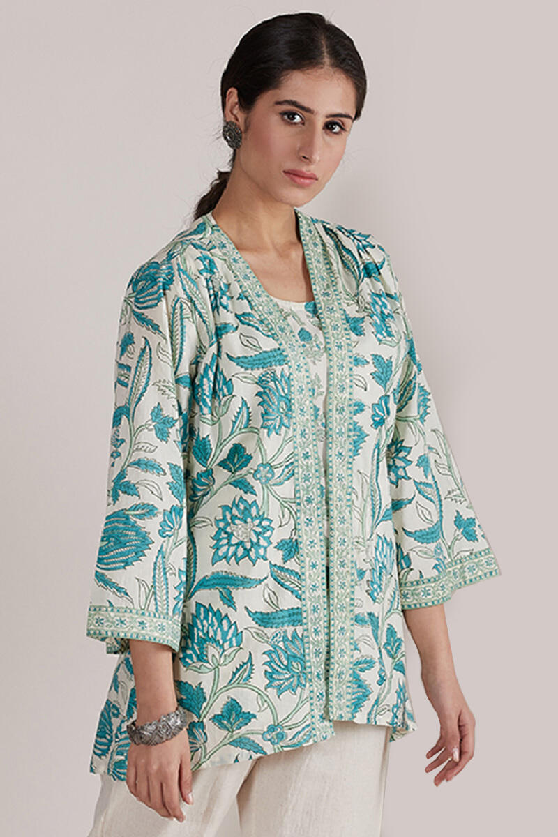 Turquoise Block-Printed Cotton Kimono