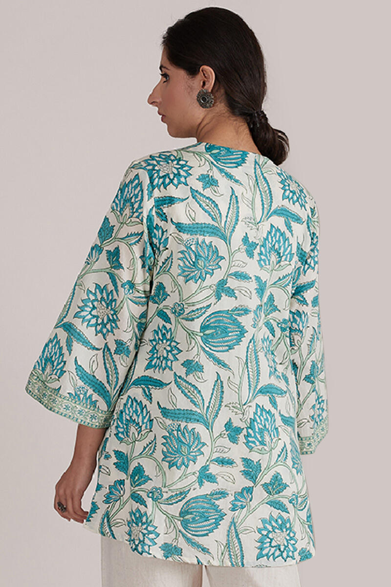 Turquoise Block-Printed Cotton Kimono