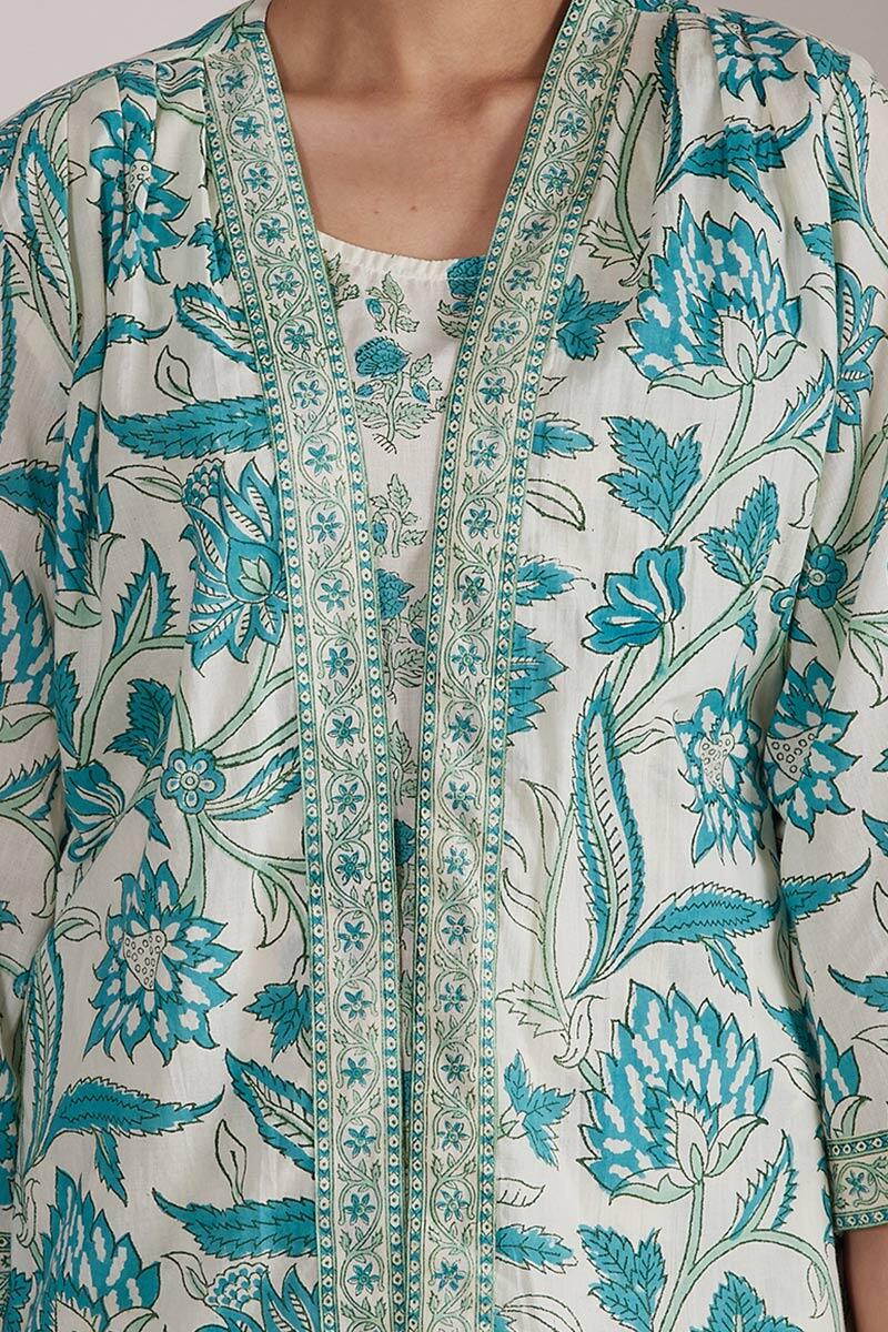 Turquoise Block-Printed Cotton Kimono