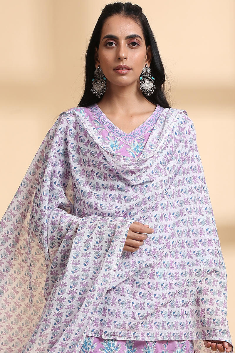 Purple Block Printed Cotton Dupatta