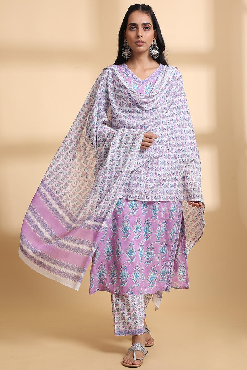 Purple Block Printed Cotton Dupatta