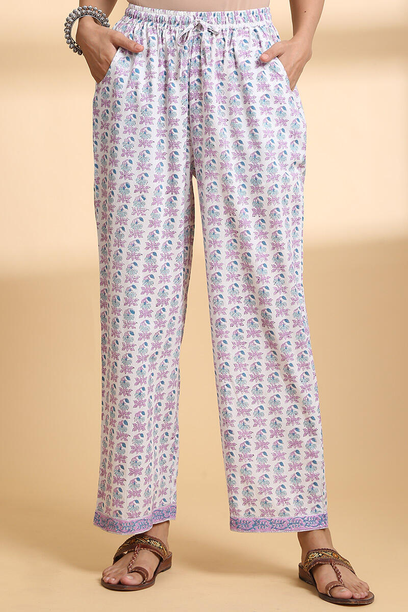 Purple Block Printed Cotton Straight Farsi