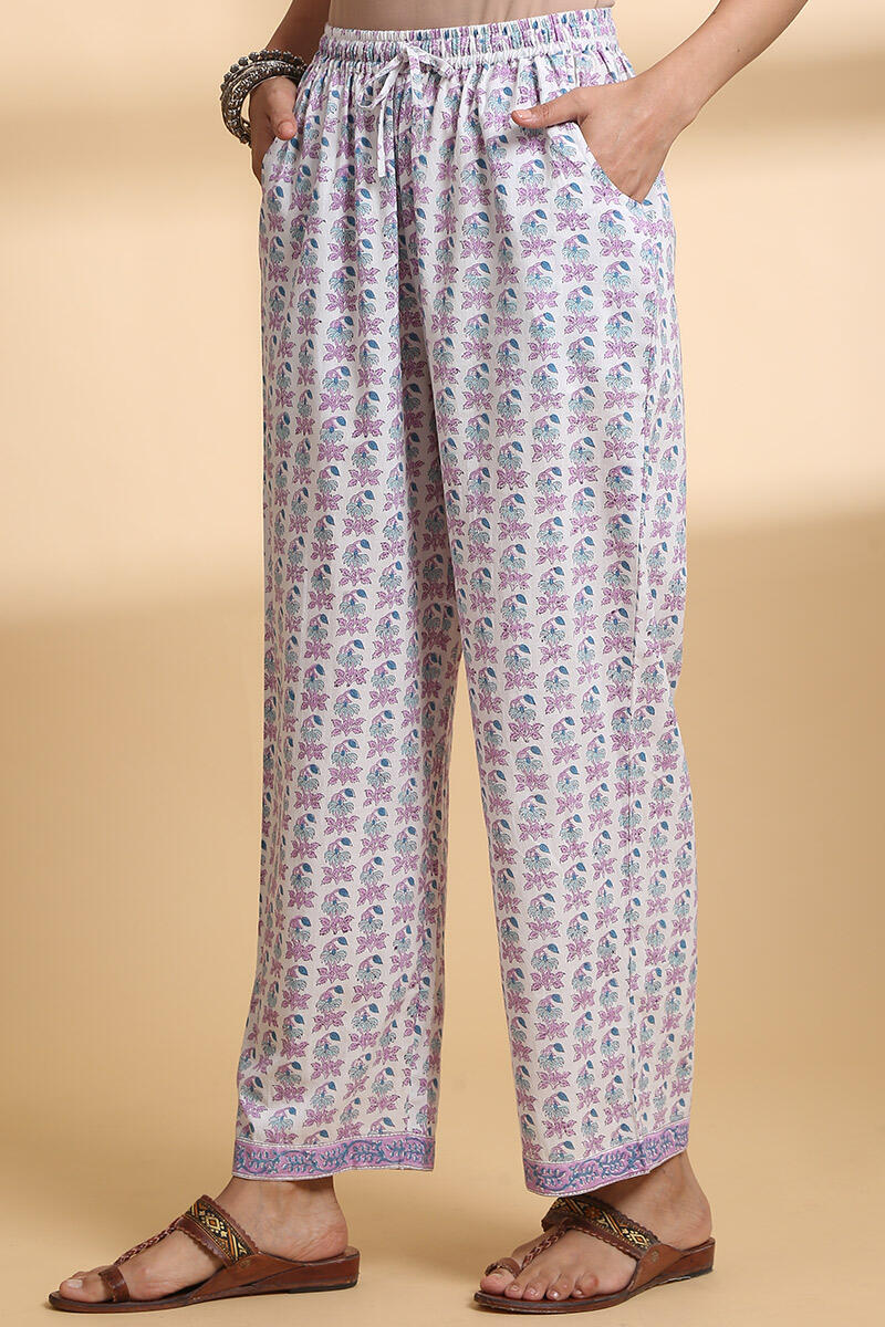 Purple Block Printed Cotton Straight Farsi