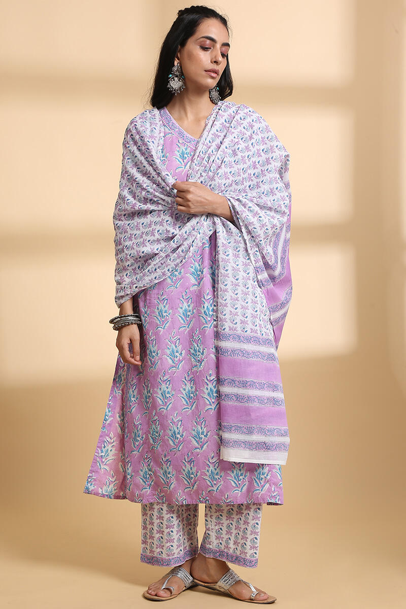 Purple Block Printed Cotton Straight Farsi