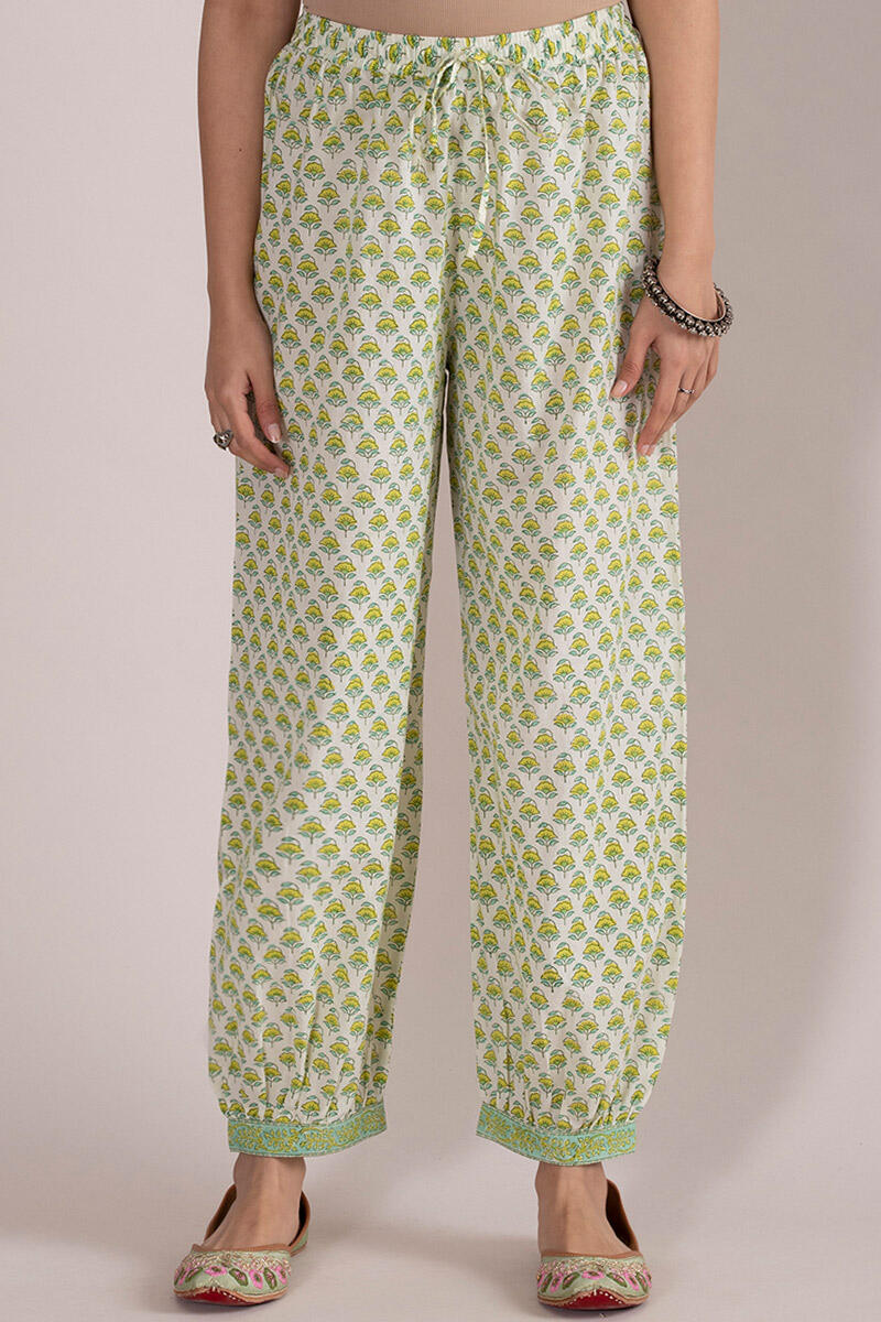 Green Block Printed Cotton Izhaar Pants