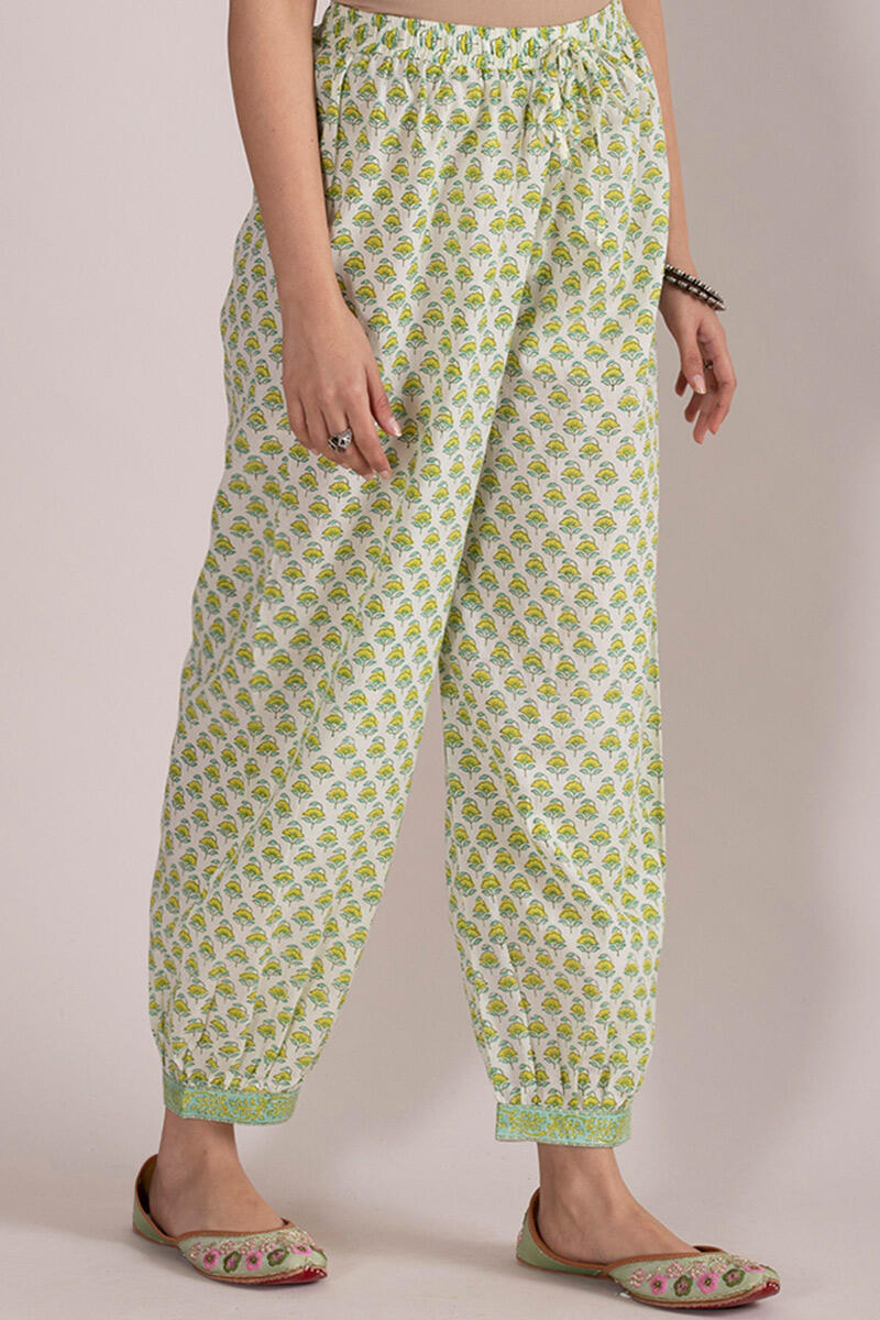 Green Block Printed Cotton Izhaar Pants