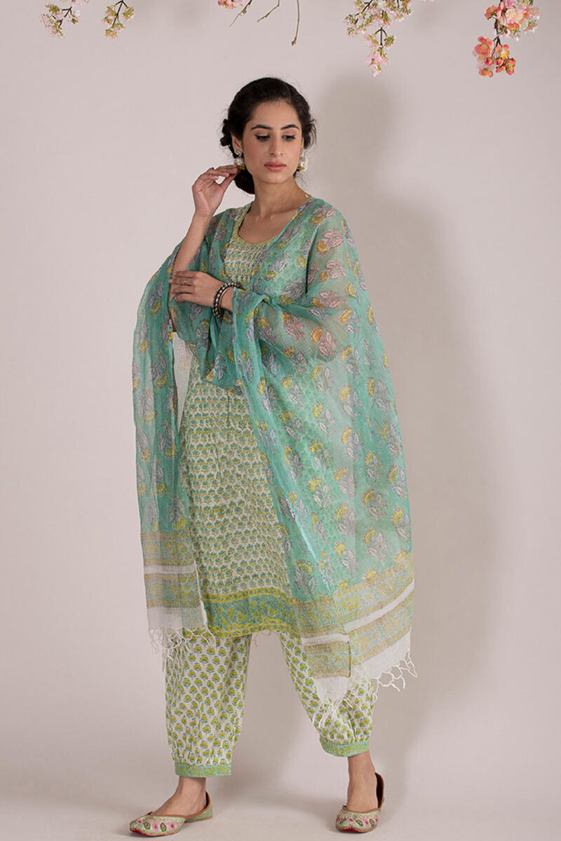 Green Block Printed Cotton Izhaar Pants