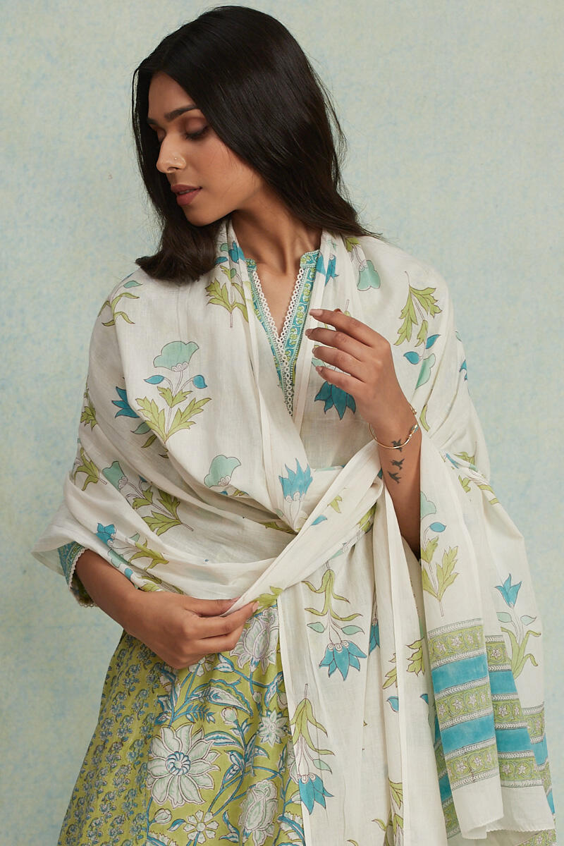 White Block Printed Cotton Dupatta