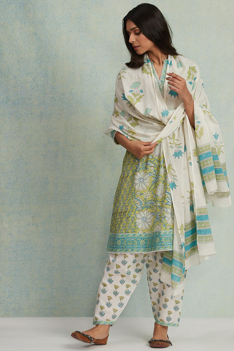 White Block Printed Cotton Dupatta