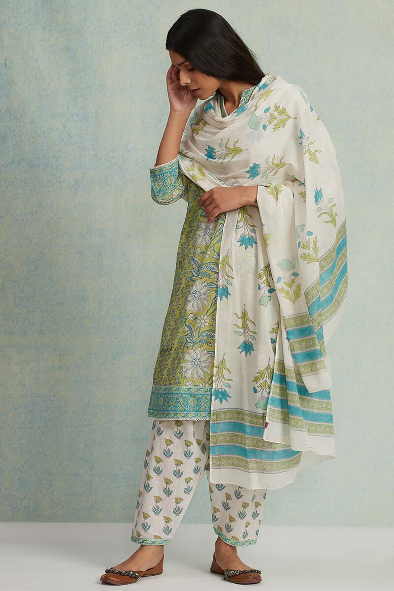 White Block Printed Cotton Dupatta