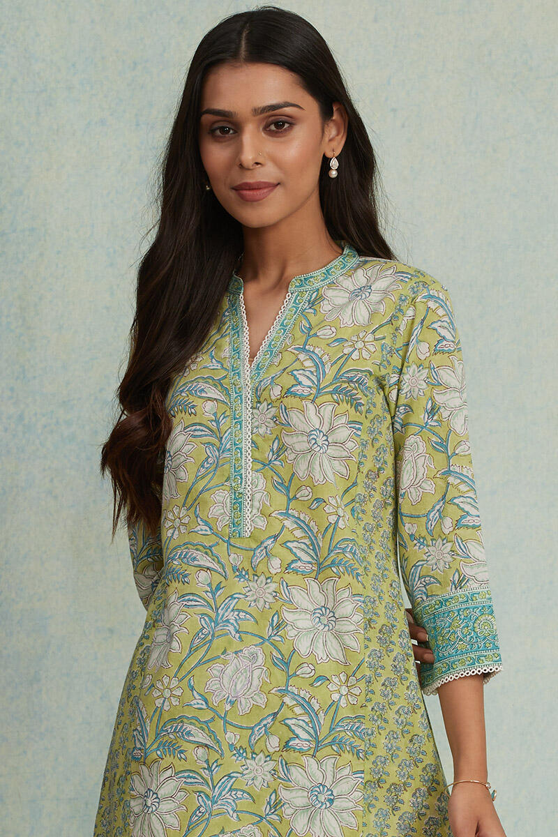 Green Block Printed A-Line Cotton Kurta