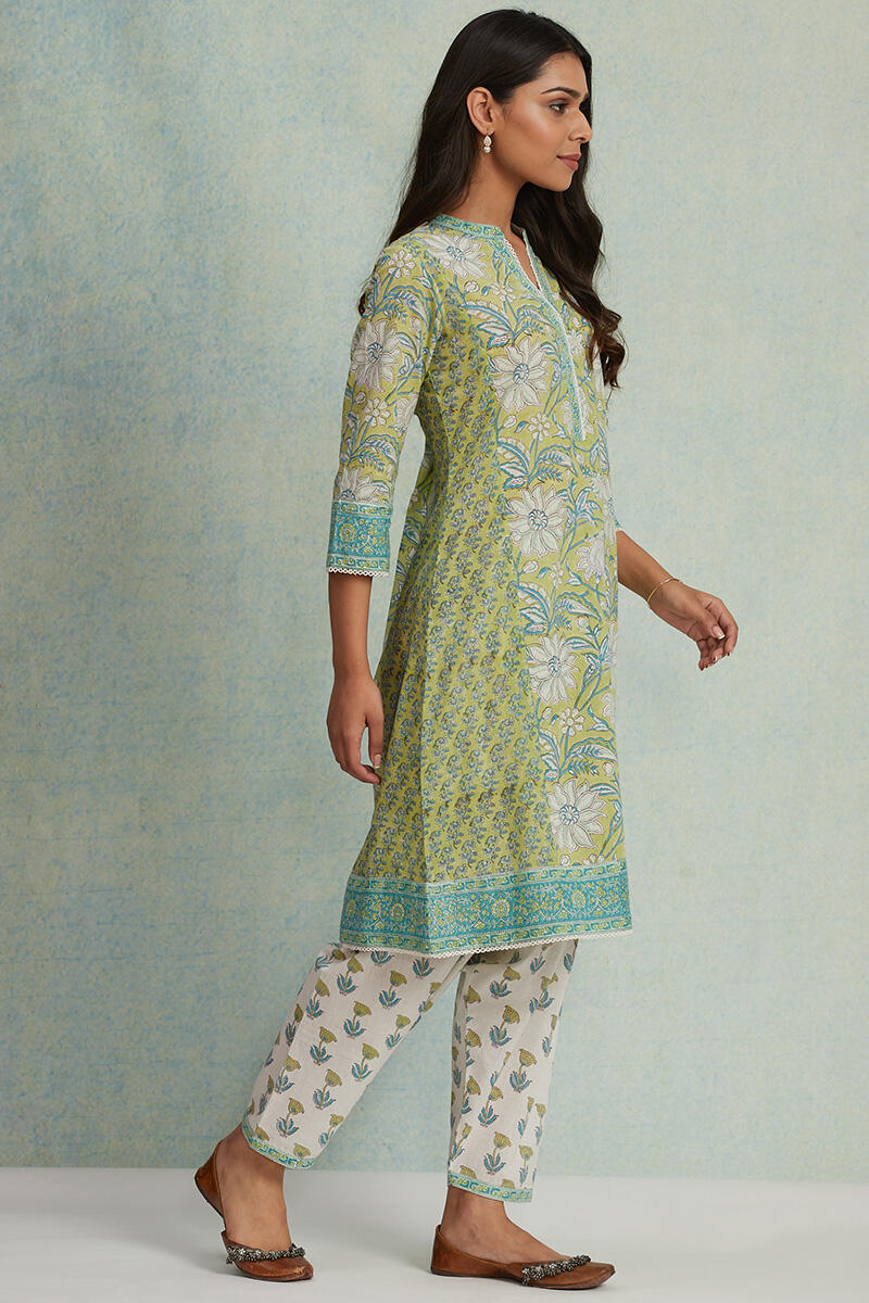 Green Block Printed A-Line Cotton Kurta
