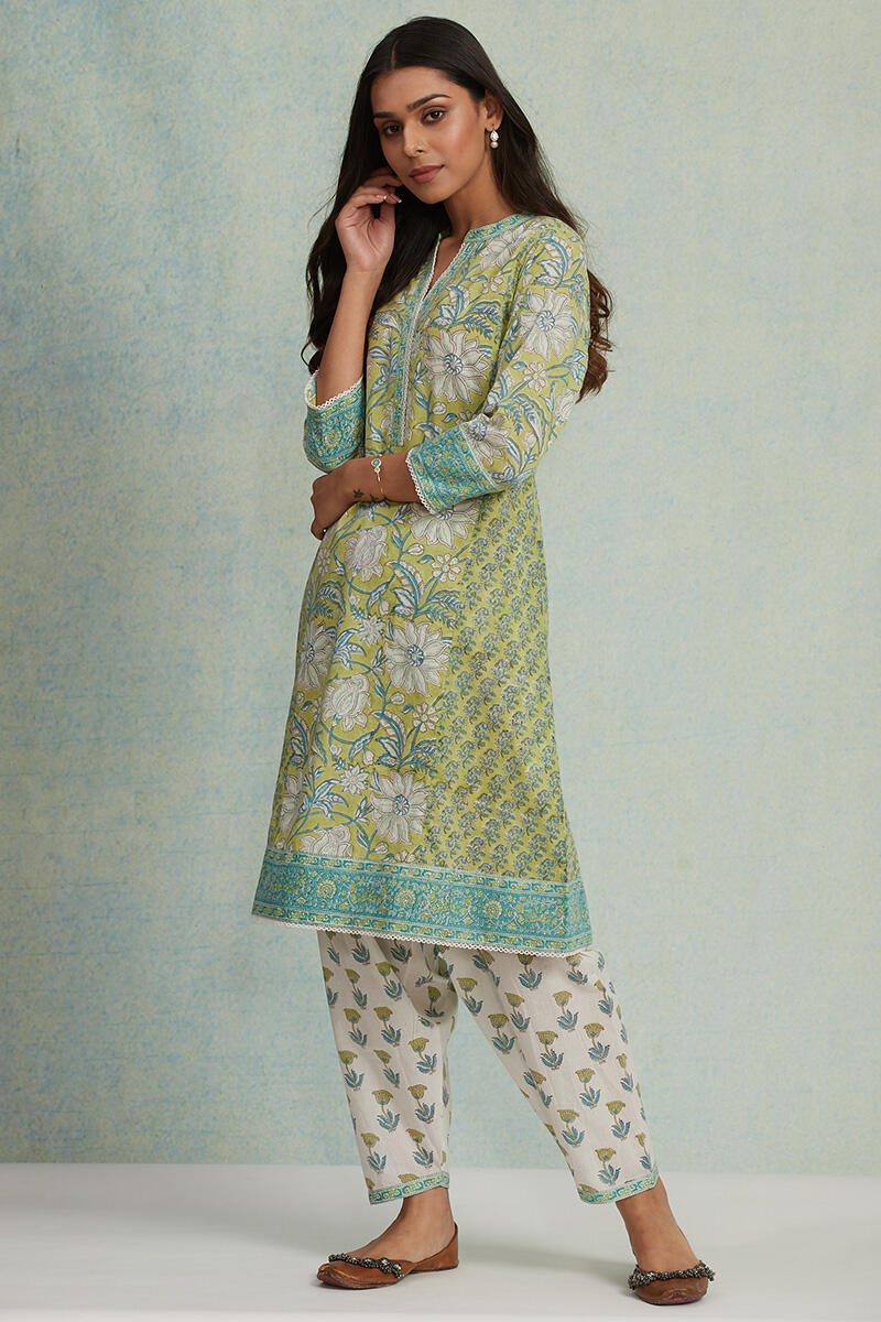 Green Block Printed A-Line Cotton Kurta