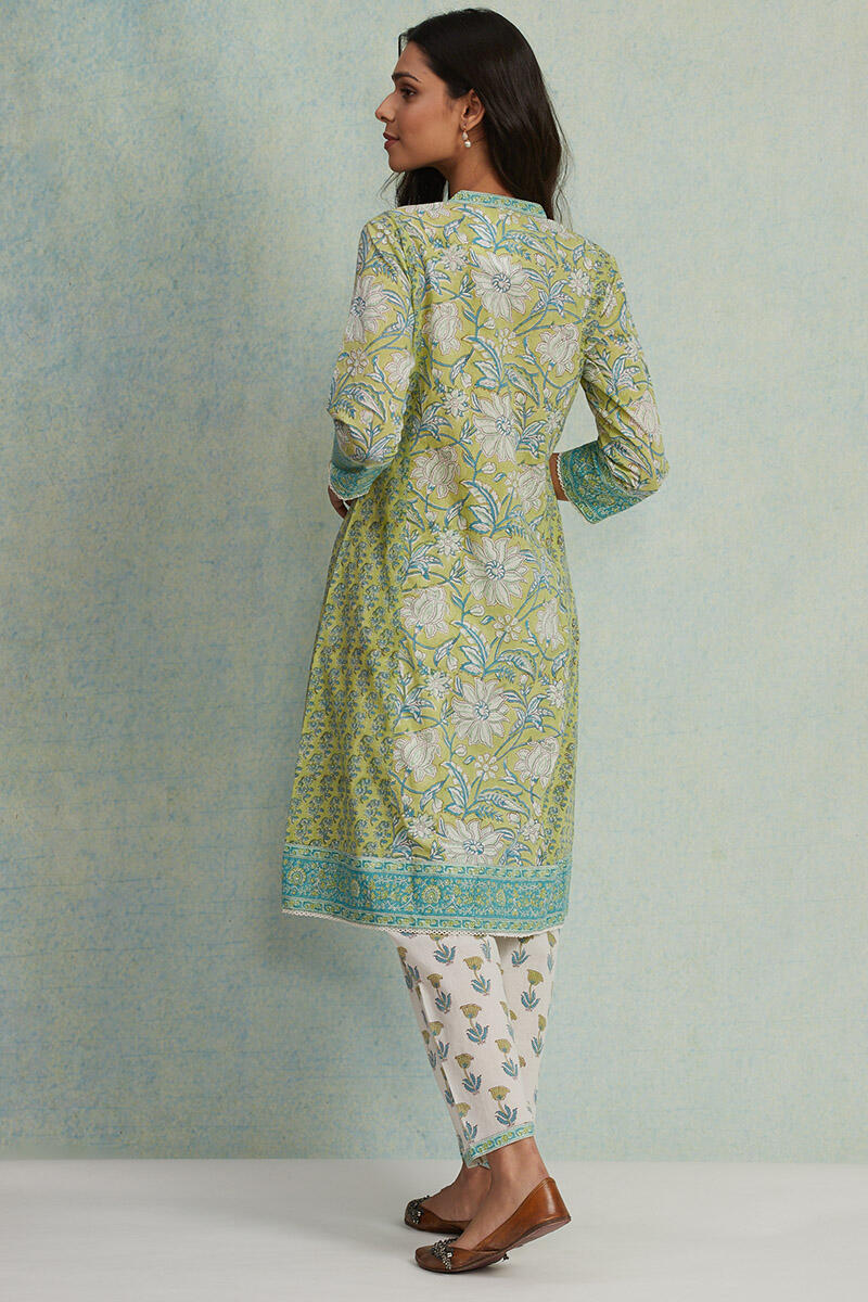 Green Block Printed A-Line Cotton Kurta