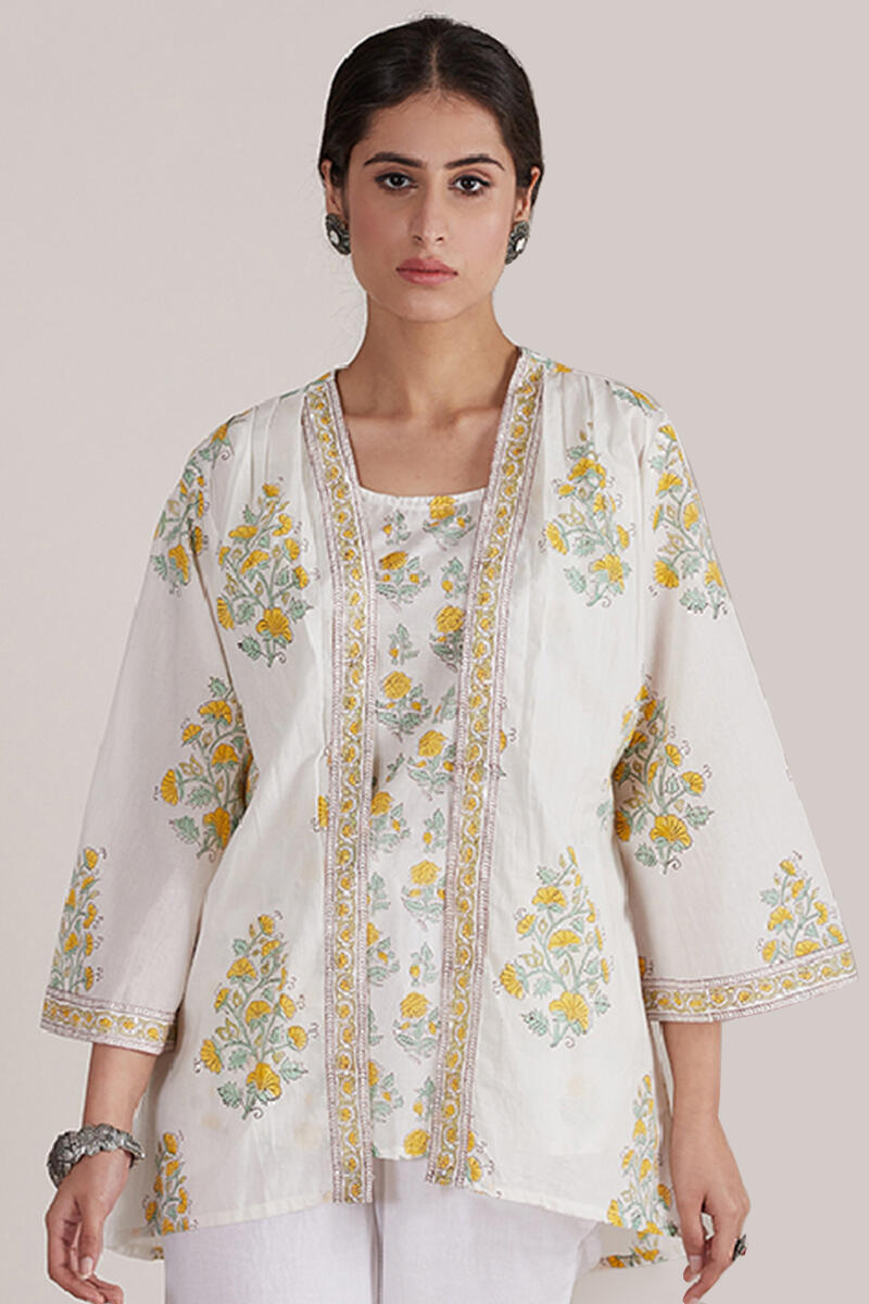 Yellow Block-Printed Cotton Kimono