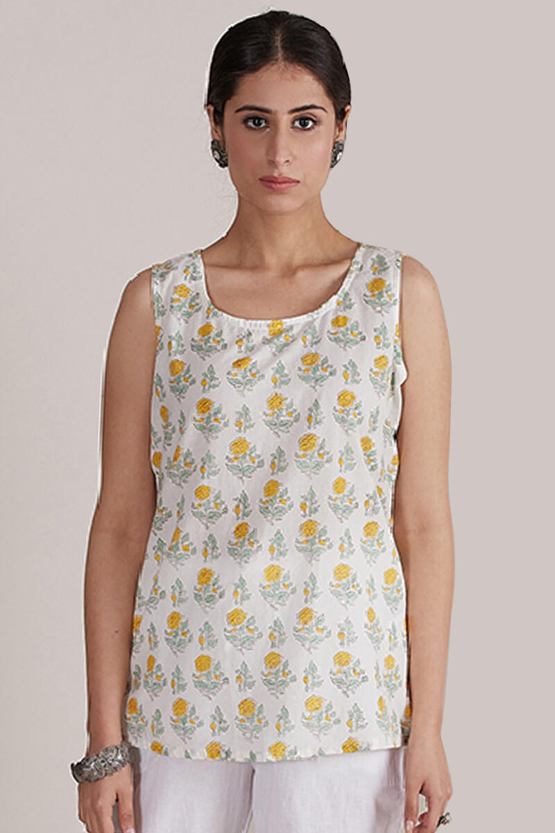 Yellow Block-Printed Cotton Kimono