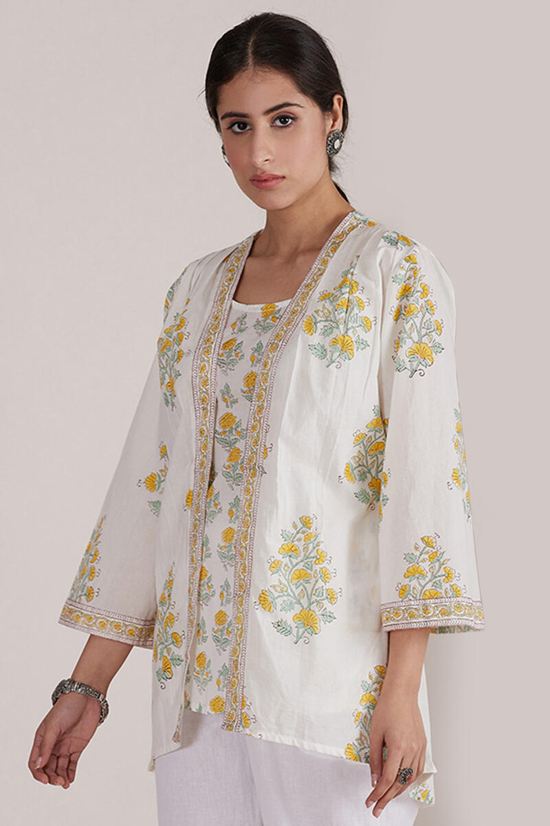 Yellow Block-Printed Cotton Kimono