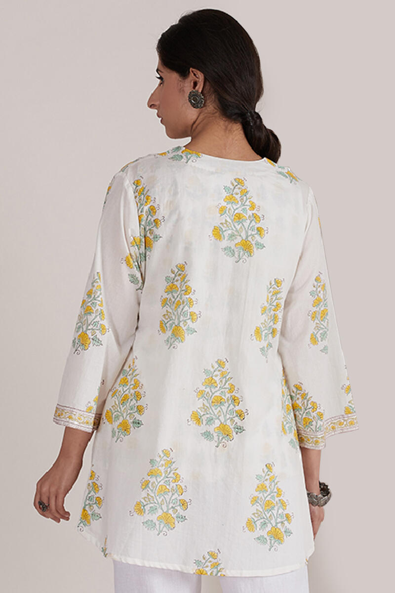 Yellow Block-Printed Cotton Kimono