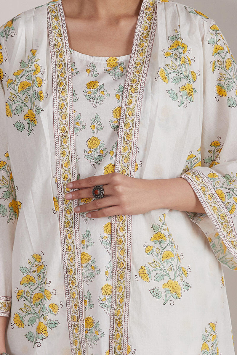 Yellow Block-Printed Cotton Kimono
