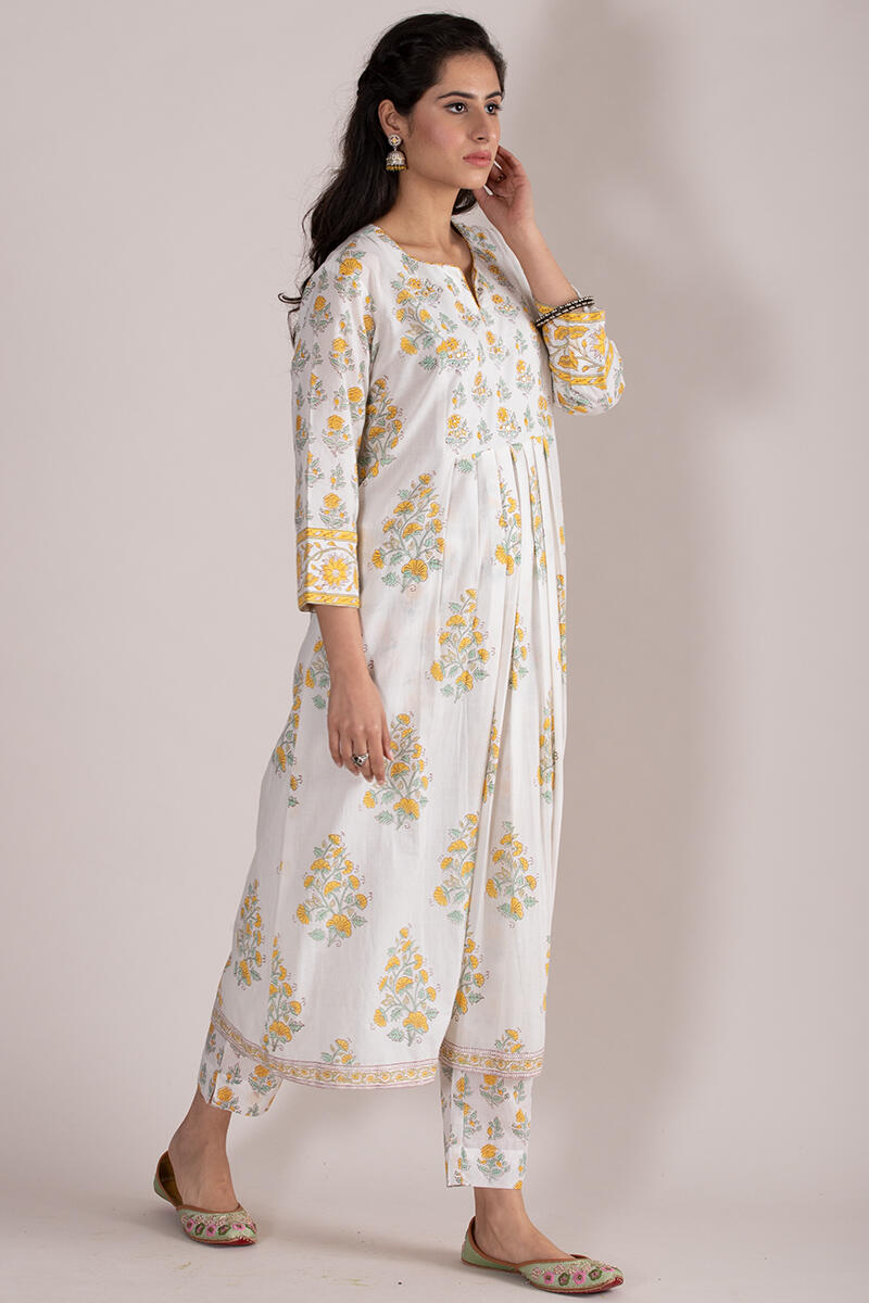 White Block Printed A-line Cotton Kurta