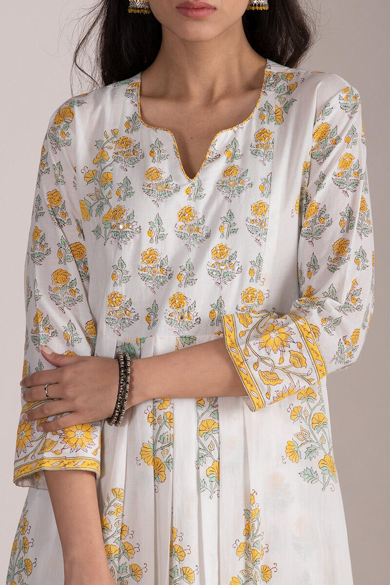 White Block Printed A-line Cotton Kurta