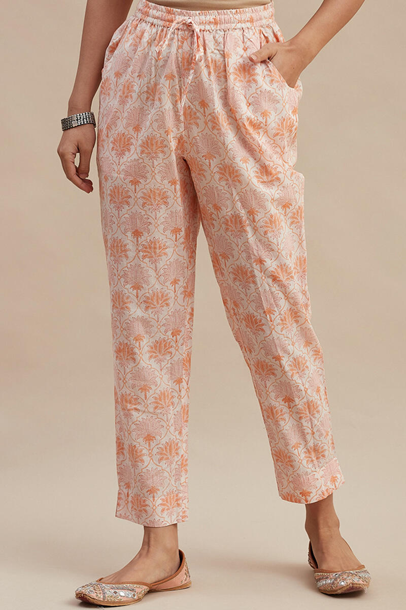 Orange Block Printed Cotton Narrow Pants