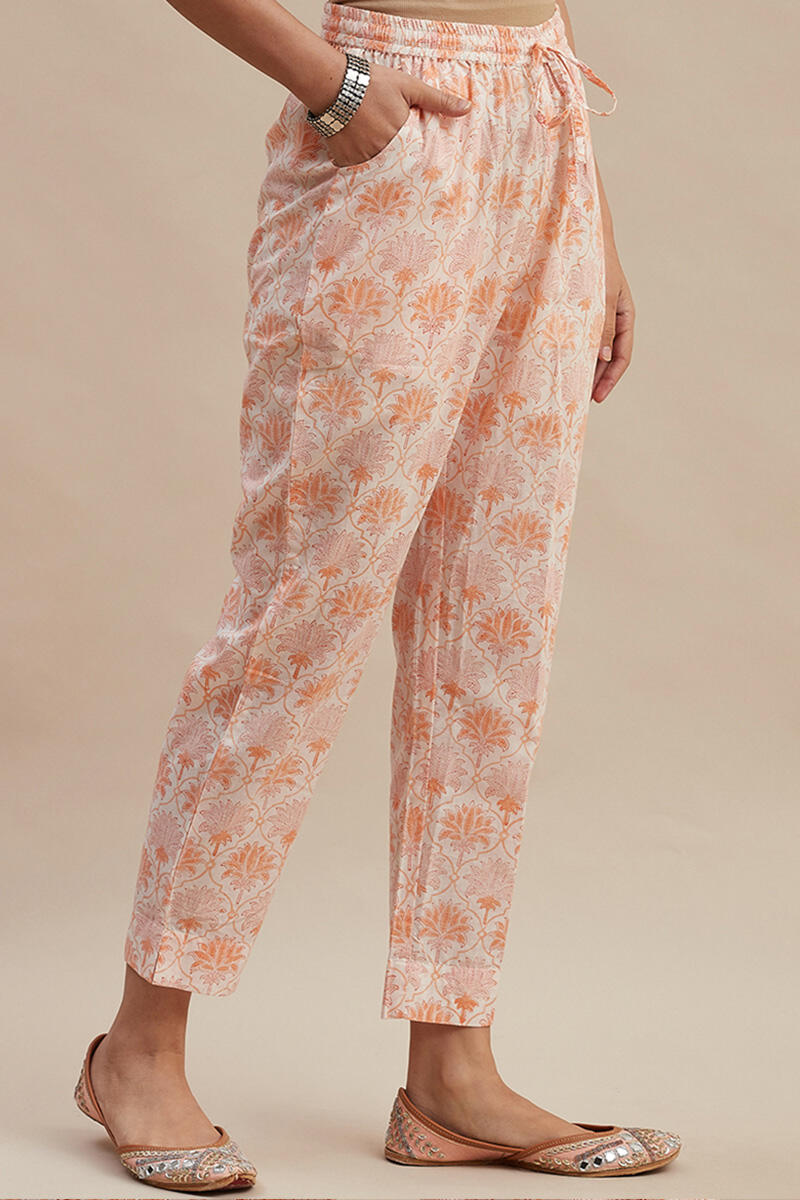 Orange Block Printed Cotton Narrow Pants