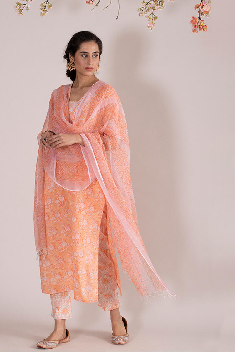 Orange Block Printed Cotton Narrow Pants