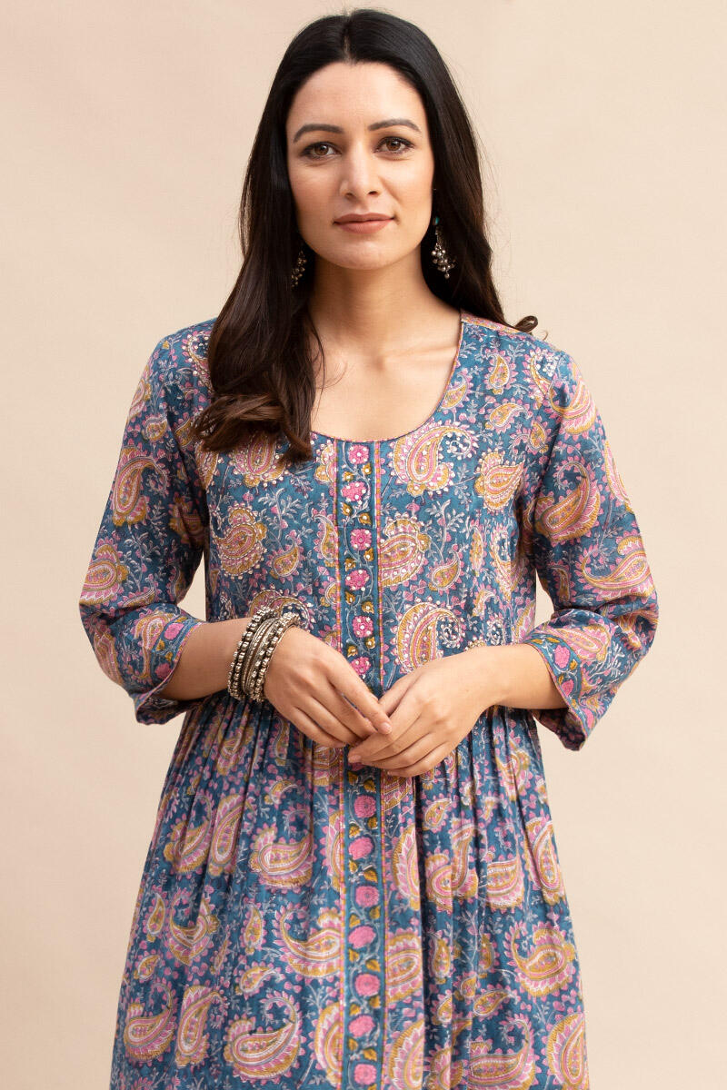 Blue Block Printed A-line Cotton Kurta